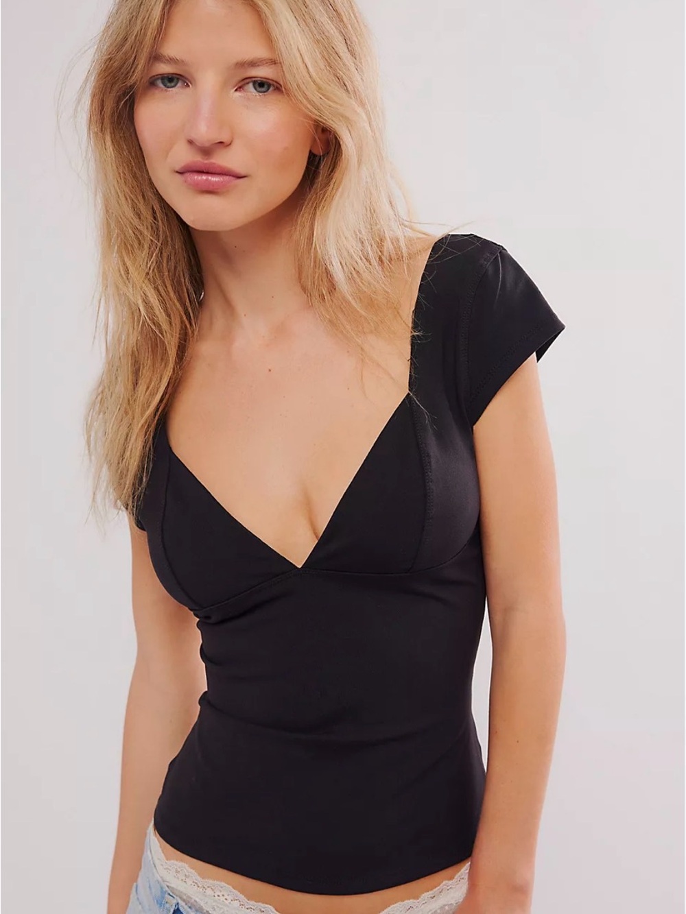 Free People Black V-Neck Cap Sleeve Top